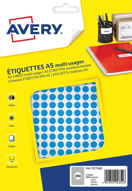Avery label a5 8mm rund blister 2940stk blå