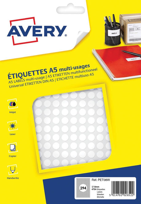 Avery label a5 8mm rund blister 2940stk hvid