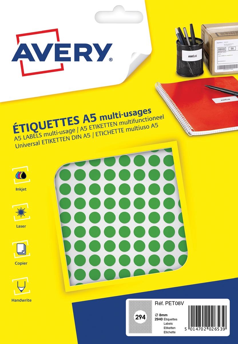 Avery label a5 8mm rund blister 2940stk grøn