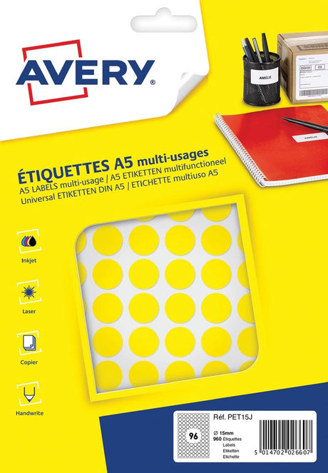 Avery label a5 15mm rund blister 168stk gul