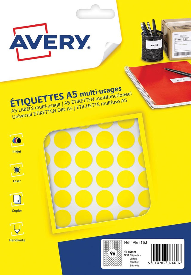 Avery label a5 15mm rund blister 168stk gul