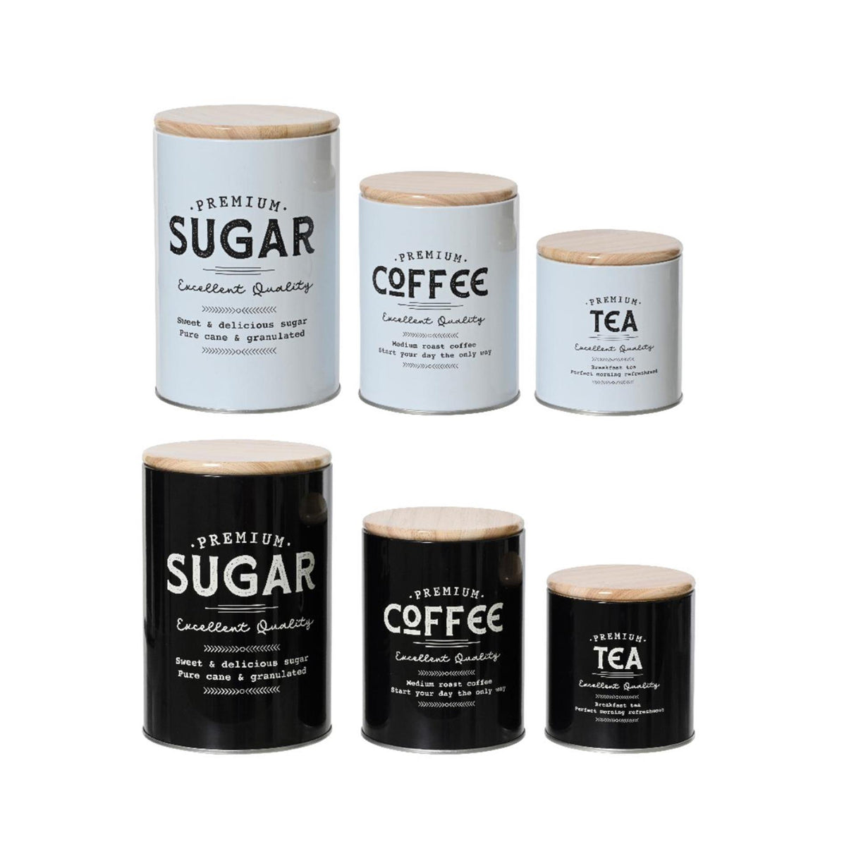 Decoris opbevaringsdåsesæt et 3 ã˜11cmh16,2cm med tekst sukker kaffe og te - sort eller hvid