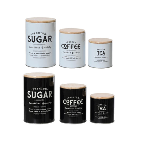 Decoris opbevaringsdåsesæt et 3 ã˜11cmh16,2cm med tekst sukker kaffe og te - sort eller hvid
