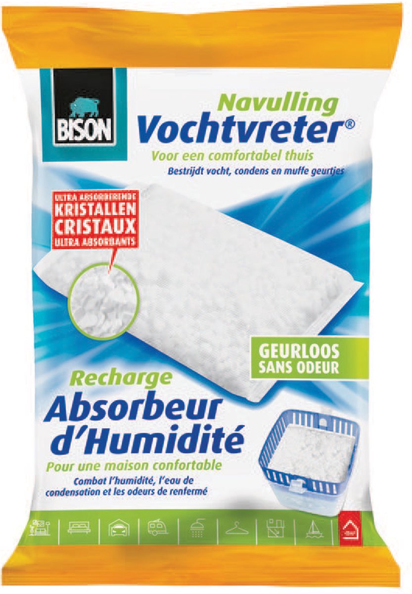 Bison moisture absorber® refill taske neutral 450 g, velegnet til moisture absorber®, bekæmper høj luftfugtighed, ingen batteri nødvendig, også velegnet til campingvogne og campister