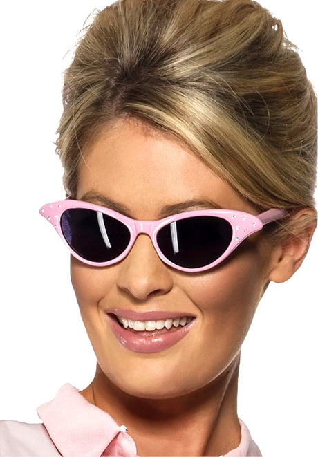 Smiffys rock and roll pink dame solbriller - pink grease dame briller med rhinestones