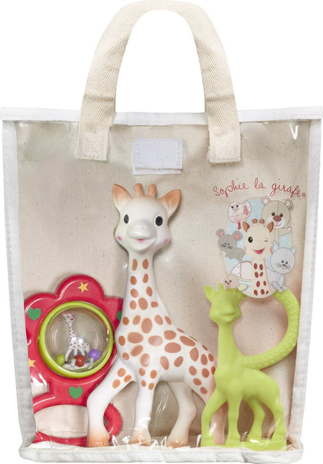 Sophie the giraffe gavesæt i bomuldsgavepose - rangle bidering - barselsgave - baby shower gave - 4 stk.