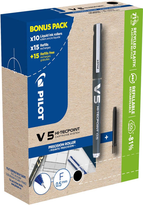 Pilot hi-tecpoint v5, 10 ruller + 30 refills, fin, sort