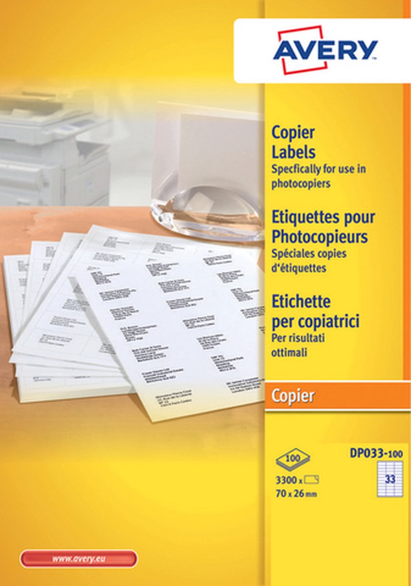 Avery kopietiket 70x26mm 100 ark 33 labels pr. ark hvid