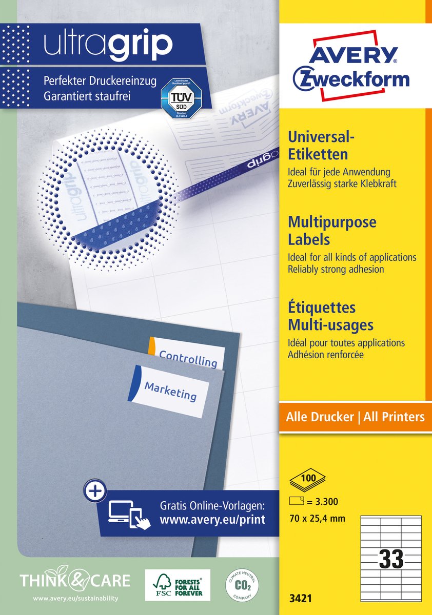 Avery universaletiketter, hvid, 70,0 x 25,4 mm, permanent klæbende