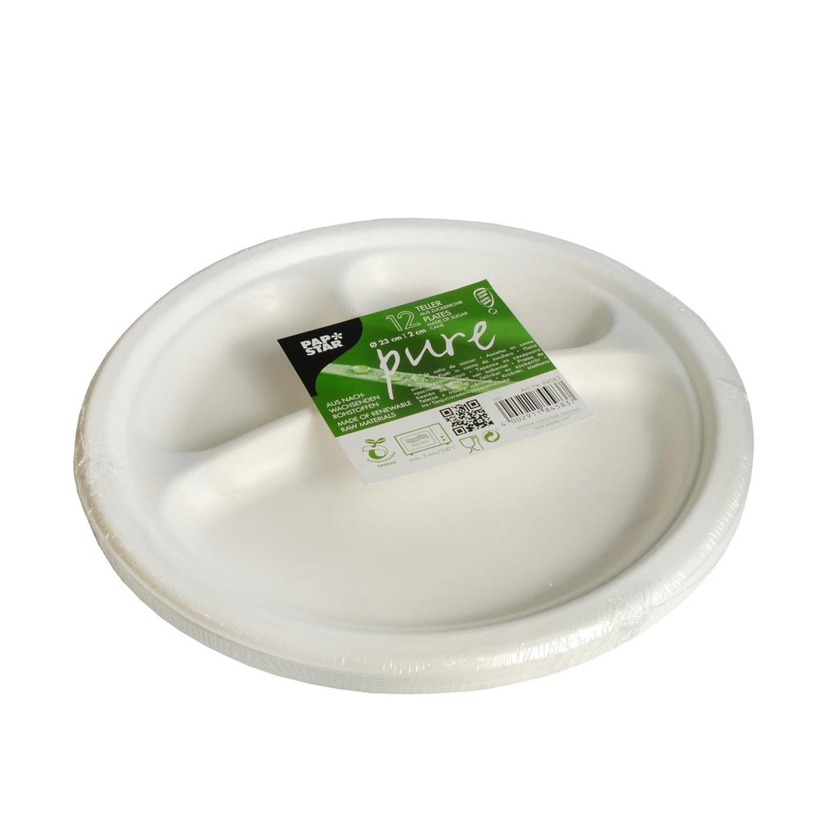 Papstar 12 plader sukkerrør ren 3-rum ø23cm
