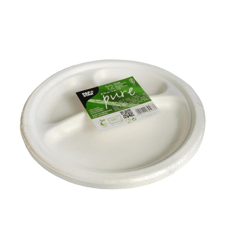 Papstar 12 plader sukkerrør ren 3-rum ø23cm