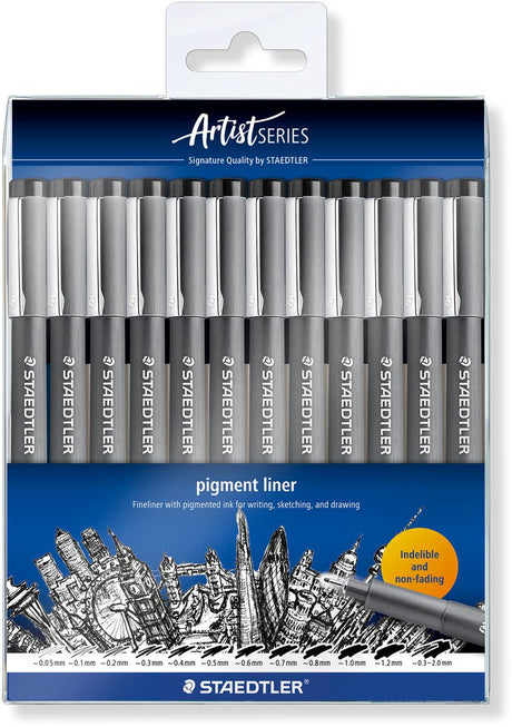 Staedtler - artist series - pigment liner 308 - etui med 12 stregbredder - sort