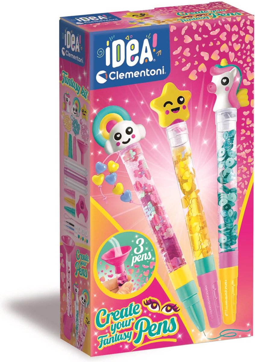 Clementoni idé - glitterpenne - håndværkspakke fuld af tilbehør - den kreative gave - fremstilling af glitterpenne - fra 6 år