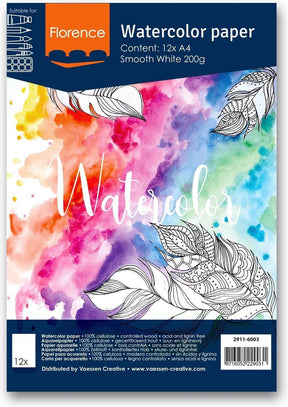 Florence vaessen aquarelpapier - intense white - a4 - 200 grams - gladde structuur - smooth - florence - 12 vellen