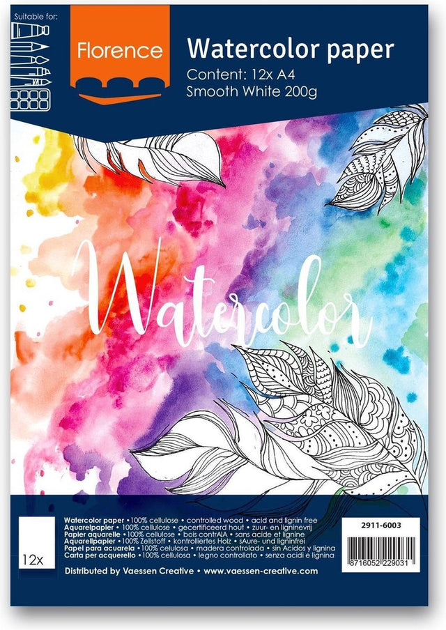 Florence vaessen aquarelpapier - intense white - a4 - 200 grams - gladde structuur - smooth - florence - 12 vellen