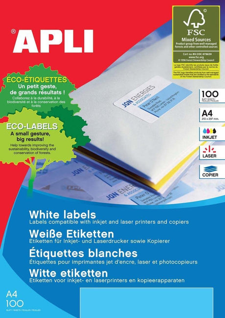 Apli hvide etiketter ft 63,5 x 46,6 mm (b x h), 1.800 stykker, 18 pr. ark (2415)