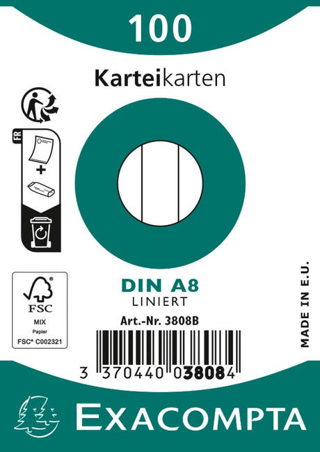 Exacompta 1x pakke med 100 kartotekskort i folie - Bristol lineal ikke-perforeret 55x74mm, hvid