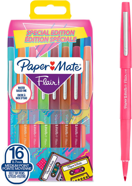 Paper mate flair tuschpenne | mellempunkt (0,7 mm) | forskellige retro farver | 16 stk