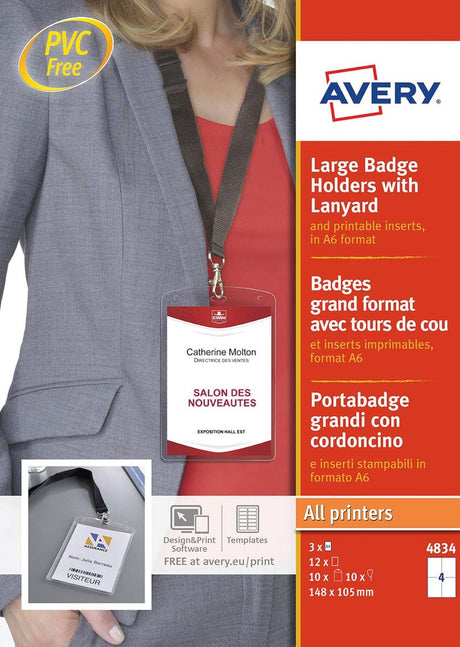 Avery 4834 badgeholder lanyard sæt - a6 105 x 148 mm 12 stykker 3 ark