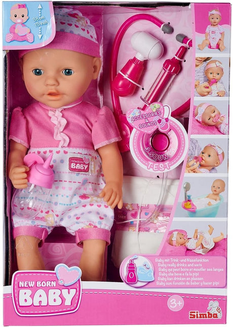 Simba nyfødt baby - babydukke med lægetilbehør - stetoskop med lyd - drikke- og vandladningsfunktion - 38 cm - babydukke