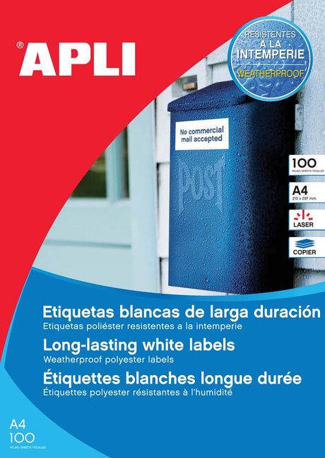Apli vejrbestandige etiketter format 210 x 297 mm (b x h) 100 styk 1 pr. ark æske med 100 ark
