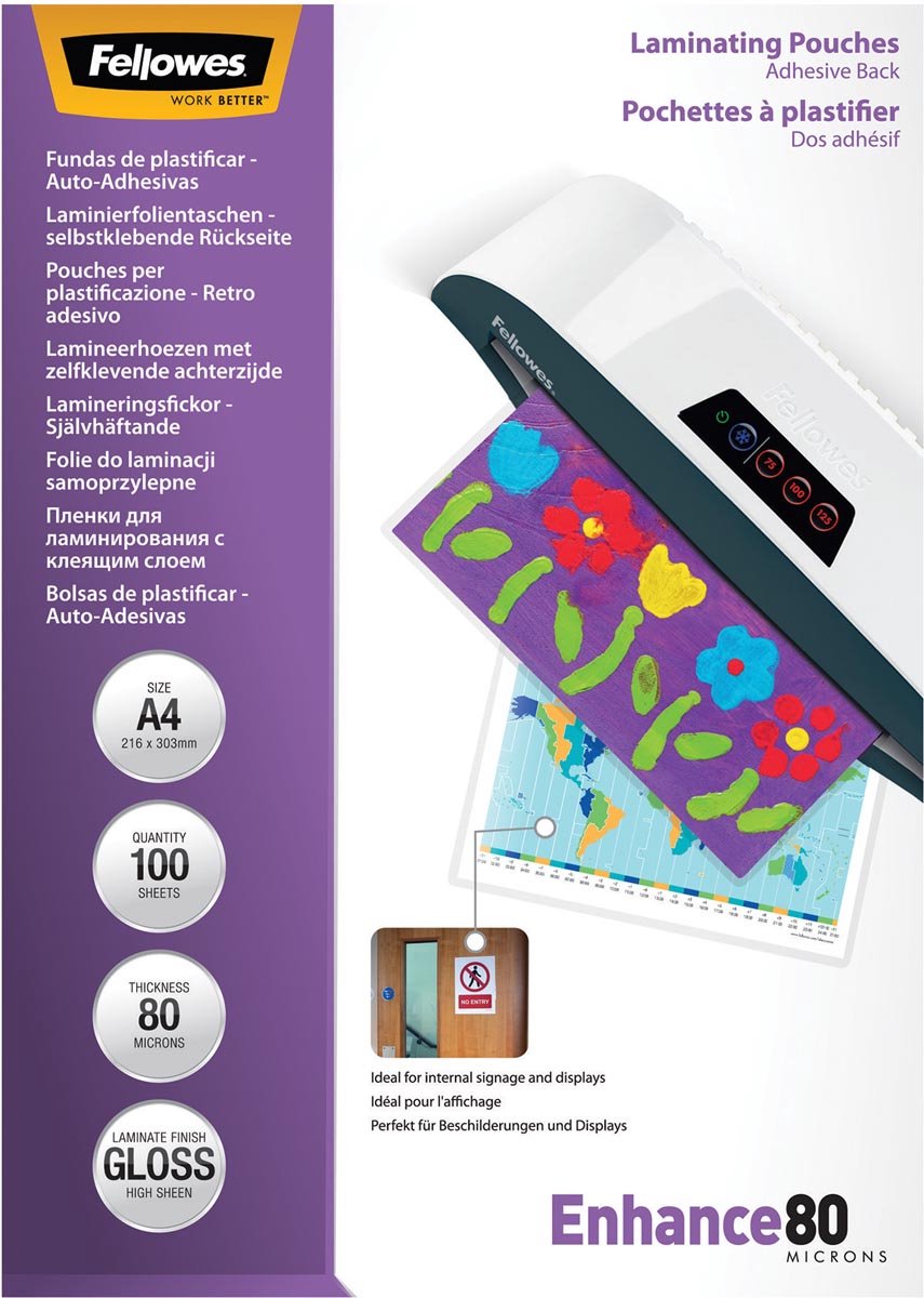 Fellowes lamineringsposer - a4 - selvklæbende - 80 mikron - 100 stk.