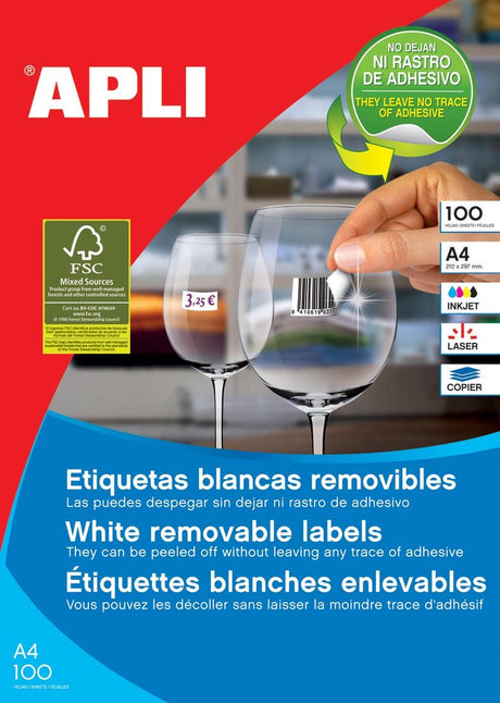 Apli aftagelige hvide etiketter format 97 x 424 mm (b x h) 1.200 stykker 12 pr. ark (3057)