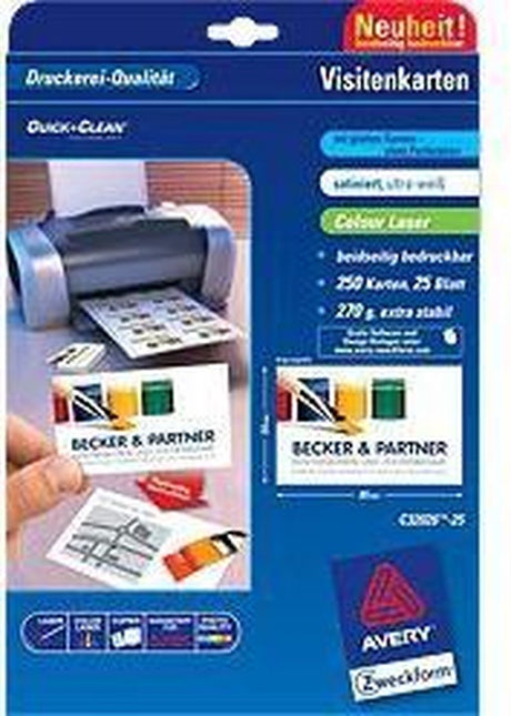 Avery zweckform avery-zweckform c32026-25 bedrukbare visitekaarten, gladde kant 85 x 54 mm ultra-wit 250 stuk(s) papierformaat: din a4