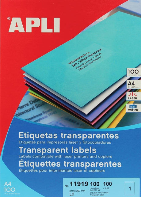 Apli transparente etiketter format 210 x 297 mm (b x h) 100 styk 1 pr. ark æske med 100 ark