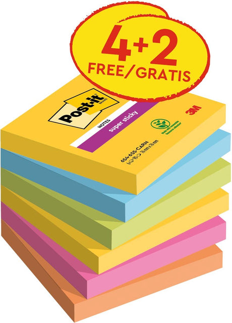 Post-it super sticky super sticky notes post-it 654-sscarn-p4+2 blå, gul, grøn, orange pink