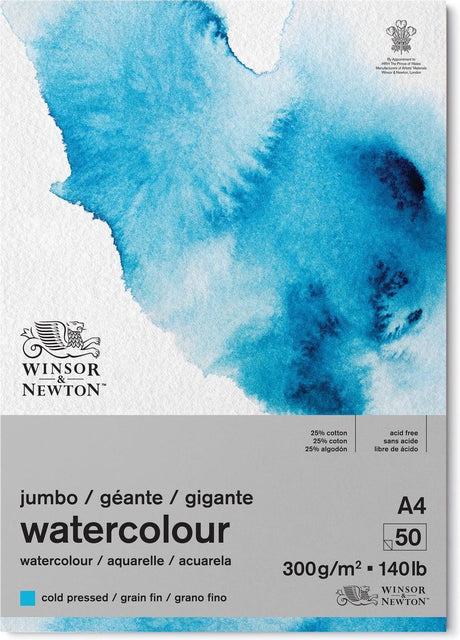 Winsor Newton 6667010 akvarelpude - 300g m² akvarelpude A4, koldpresset, kornfinne, 50 ark - jumbopude