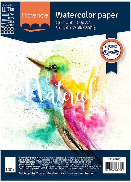 Florence vaessen aquarelpapier - intense white - a4 - 300 grams - gladde structuur - smooth - florence - 100 vellen