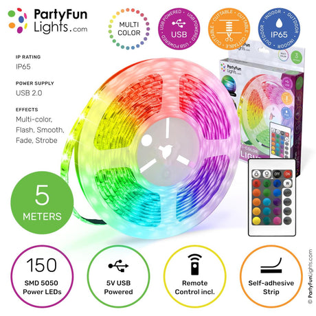 Partyfun lights partyfunlights - LED strip - flerfarvet RGB - virker på USB - 5 meter