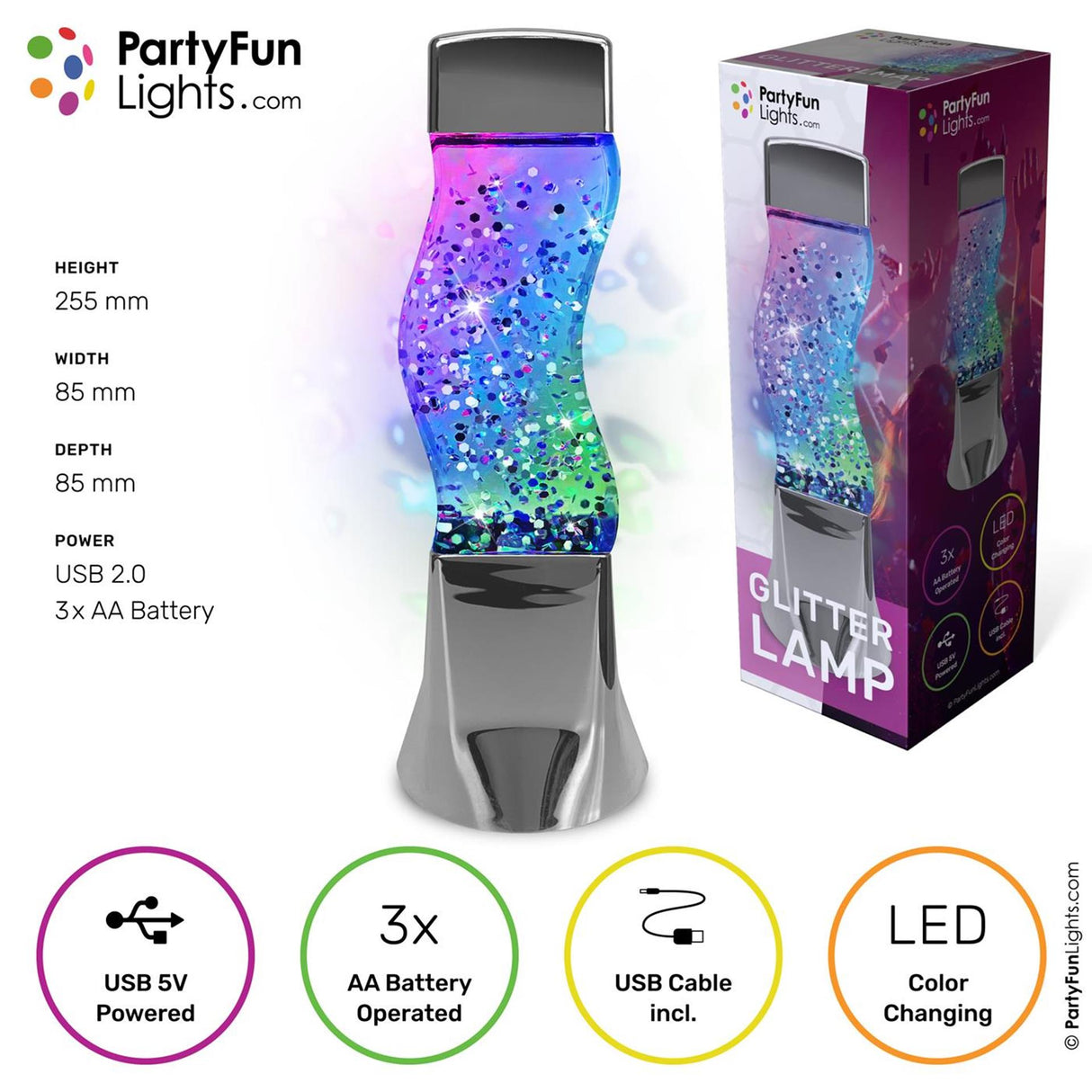 Partyfun lys bordlampe glitter LED farveskift virker på 3XAA batterier og USB H25.5cm