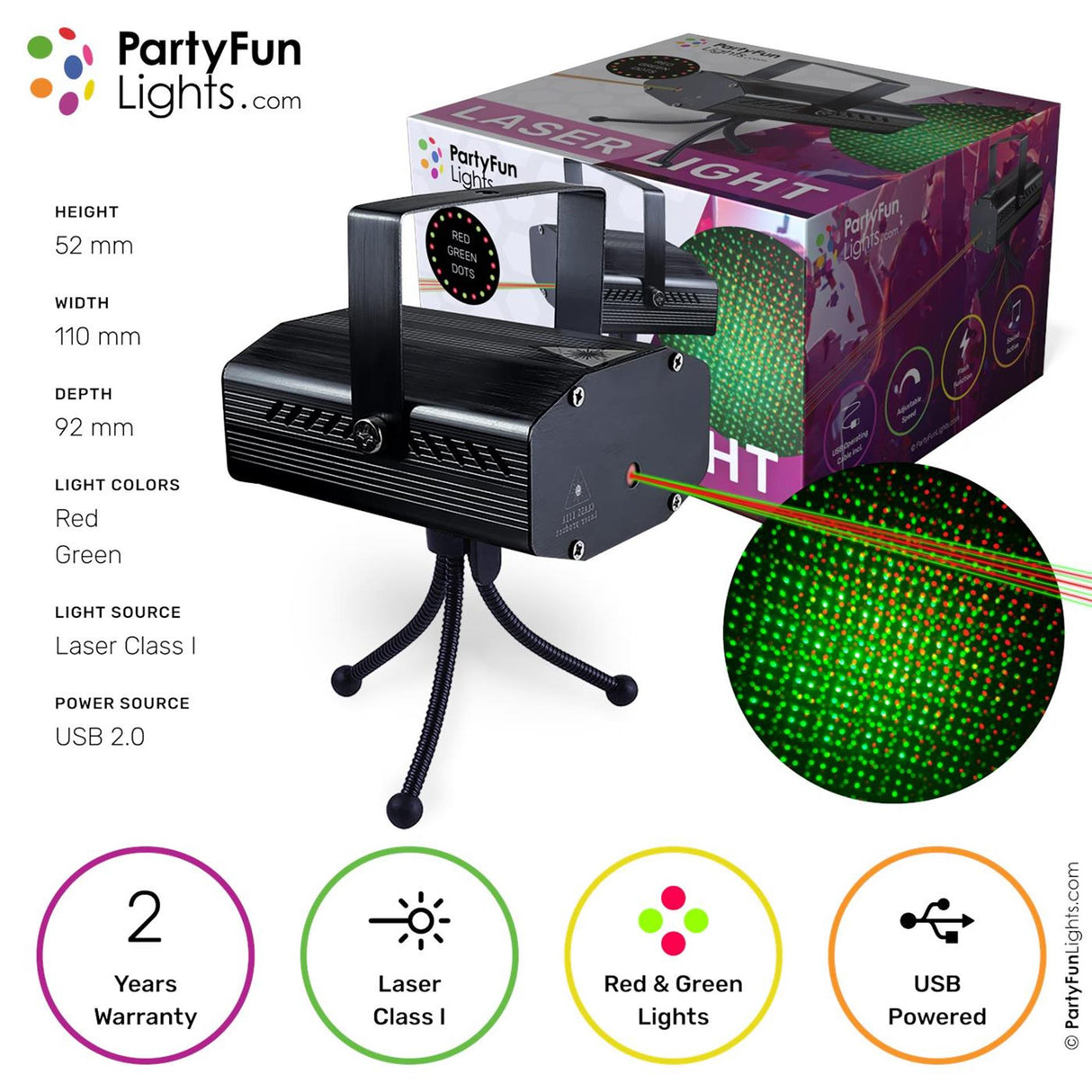 Fest sjov lys LED laserlys med USB tilslutning rød grøn 5,2x11x9,2cm
