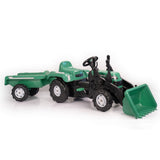 Dolu pedaltraktor med trailer frontlæsser, horn, grøn og sort