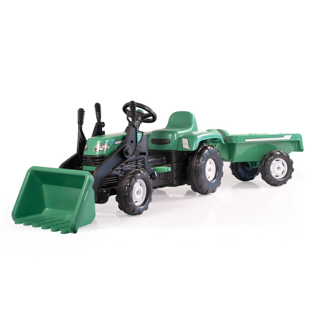 Dolu pedaltraktor med trailer frontlæsser, horn, grøn og sort