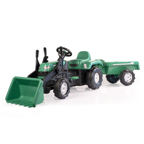 Dolu pedaltraktor med trailer frontlæsser, horn, grøn og sort