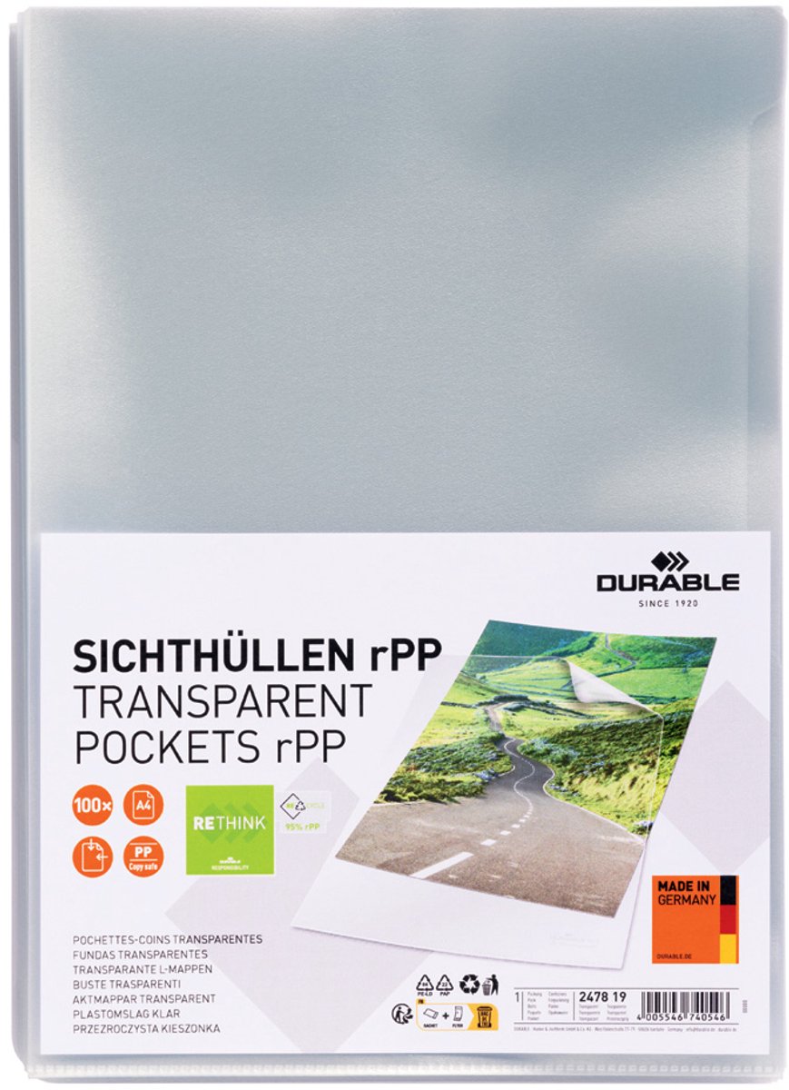 Holdbare synlighedstasker standard rpp din a4 genbrugsplastik, plast 0,10 mm gennemsigtig 247819 100 stk.