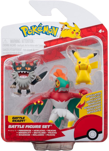 Jazwares pokémon kampfigursæt 3-pak pikachu #8, perrserker, hawlucha 5 cm actionfigur
