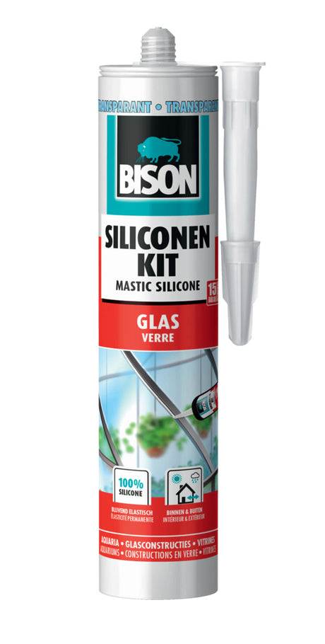 Bison silikone fugemasse glasrør 300 ml - transparent, permanent elastisk, fremragende vedhæftning, farveægte, til applikationer med glas, akvarier, vitrinekonstruktion