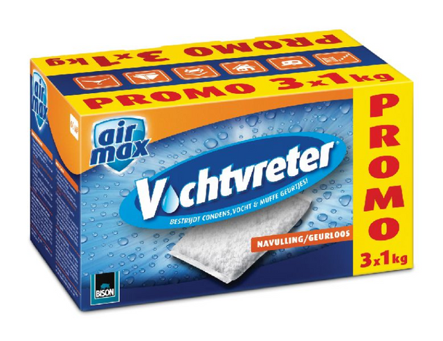 Bison moisture absorber® neutral genopfyldningspose 3x 1 kg velegnet til moisture absorber®, bekæmper høj luftfugtighed, ingen batteri nødvendig, også velegnet til campingvogne og campister