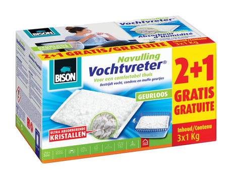 Bison moisture absorber® neutral genopfyldningspose 3x 1 kg velegnet til moisture absorber®, bekæmper høj luftfugtighed, ingen batteri nødvendig, også velegnet til campingvogne og campister