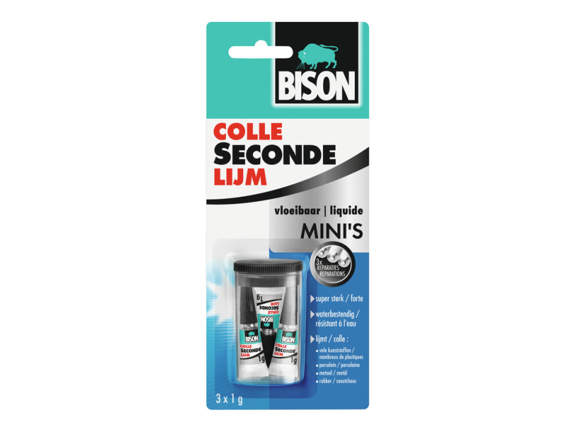 Bison superlim flydende minis 3 x 1g, stærk superlim, speciel mini emballage, tåler opvaskemaskine, vandtæt, til enhver reparation i og omkring huset