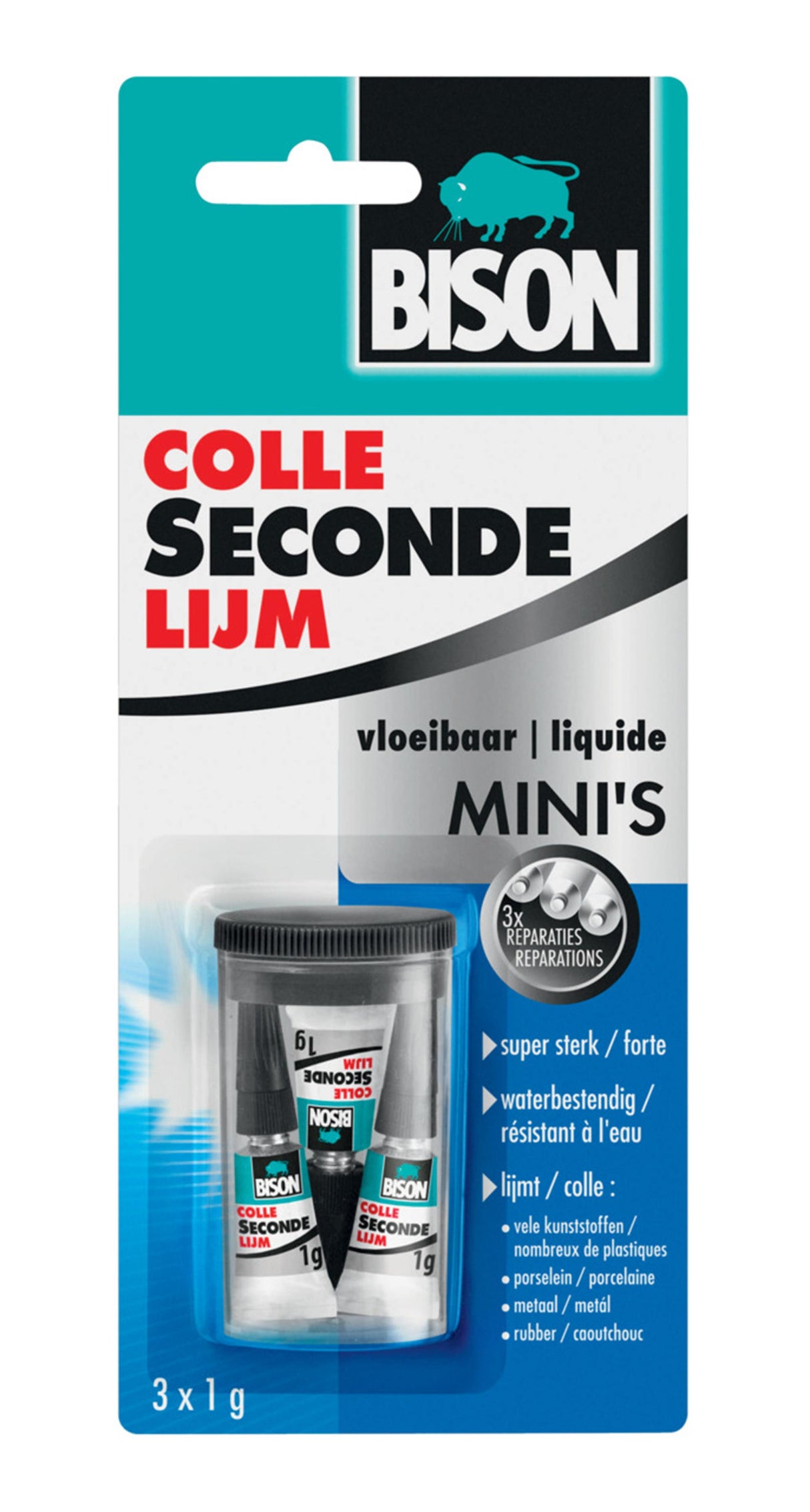 Bison superlim flydende minis 3 x 1g, stærk superlim, speciel mini emballage, tåler opvaskemaskine, vandtæt, til enhver reparation i og omkring huset