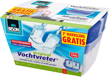 Bison moisture absorber® neutral 900g + 2 ekstra refill magneter, inkl. fugtmagnet, resultater inden for 24 timer, ingen elektricitet påkrævet, til alle boligområder, campere, campingvogne, kan bruges inden for 1 minut