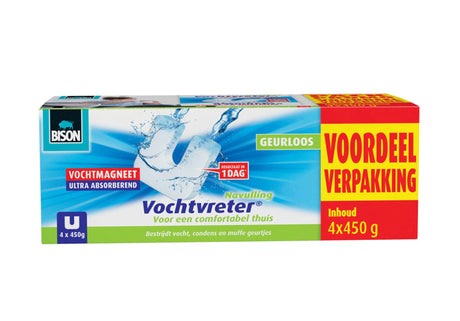 Bison moisture absorber® magnet 450g 3+1 fri - parfumefri refill til moisture absorber® enhed, 4x 450 g, bekæmper høj luftfugtighed i opholdsrum, også velegnet til campingvogne og campister