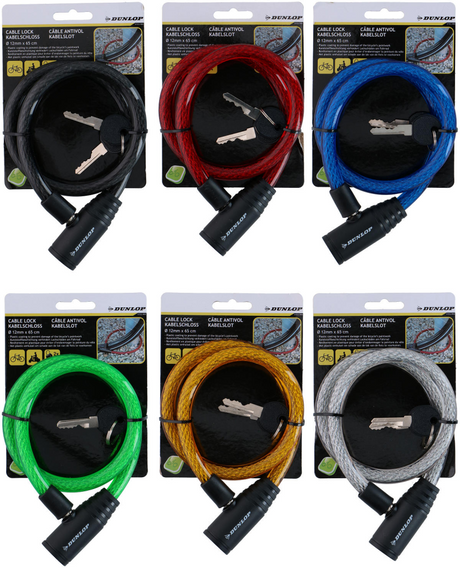 Dunlop kabellås ø12 mm x 65 cm - cykellås med plastbeklædning - kabellås til cykel og scooter - inklusive 2 nøgler - 1 tilfældig farve