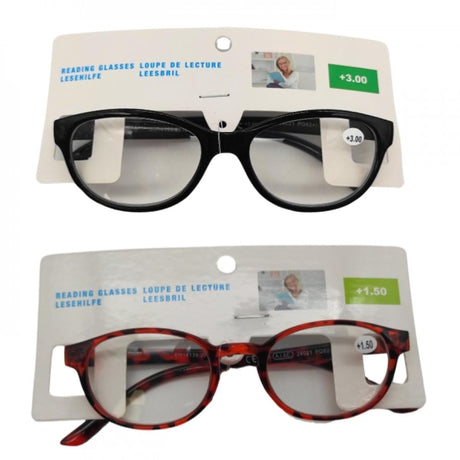 Reading glasses in various models, colors and strengths, +1.00 to +3.00