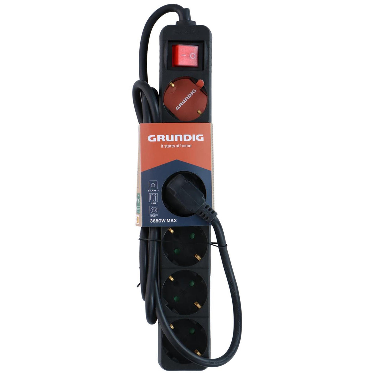 Grundig strømskinne sort med afbryder 6-vejs 1,5 m